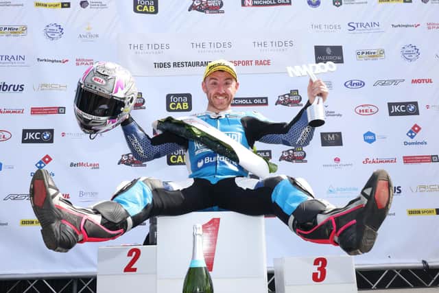 Northern Ireland's Lee Johnston celebrates his victory in the Saturday Supersport race at last year's North West 200.
