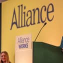 Alliance leader Naomi Long addressing the party conference at the Stormont Hotel in east Belfast on Friday (March 1)