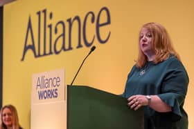 Alliance leader Naomi Long addressing the party conference at the Stormont Hotel in east Belfast on Friday (March 1)