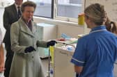 Princess Anne meets midwives who took part in a simulated medical emergency at a Belfast training facility yesterday.