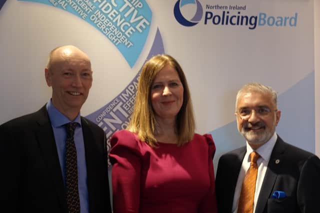 L-R: Brendan Mullan, newly elected NI Policing Board vice-chair with Board chief executive Sinead Simpson and newly elected Board chair Mukesh Sharma DL