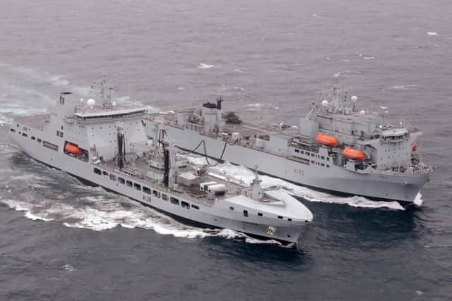RFA Tidesurge (left), carrying out a replenishment at sea with another RFA vessel, RFA Argus. RFA Tidesurge arrived in Belfast earlier this week