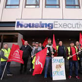 Press Eye - Belfast - Northern Ireland - 5th September 2022Housing Executive workers pictured on strike outside the company's office on Adelaide Street in Belfast City Centre. The union members are out on strike over a pay dispute which will remain in place for the next four weeks. Picture by Jonathan Porter/PressEye
