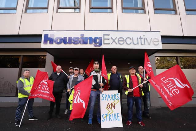 Press Eye - Belfast - Northern Ireland - 5th September 2022

Housing Executive workers pictured on strike outside the company's office on Adelaide Street in Belfast City Centre. The union members are out on strike over a pay dispute which will remain in place for the next four weeks. 

Picture by Jonathan Porter/PressEye