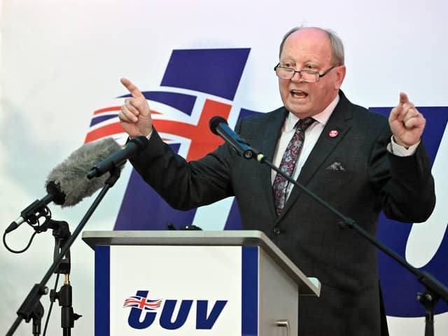 TUV leader Jim Allister speaking during the TUV conference in Cookstown, Co Tyrone. Mr Allister criticised the DUP panel on the framework, adding that no unionist leader should need to consult "on the acceptability of such hostile annexation" Photo: Oliver McVeigh/PA Wire