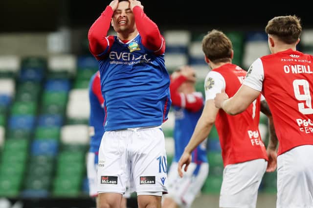 It was a night of frustration for Jordan Stewart and Linfield against Larne in the 1-1 draw at Windsor Park. (Photo by Jonathan Porter/Press Eye)