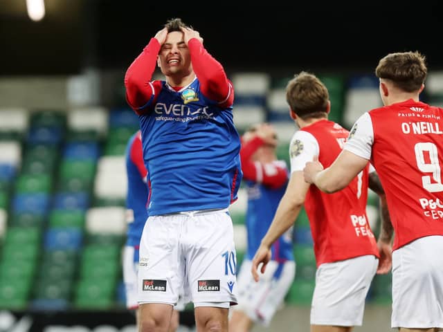 It was a night of frustration for Jordan Stewart and Linfield against Larne in the 1-1 draw at Windsor Park. (Photo by Jonathan Porter/Press Eye)