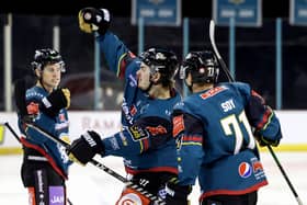 Belfast Giants’ Colby McAuley celebrates scoring against the Guildford Flames during Sunday’s Elite Ice Hockey League game at the SSE Arena, Belfast.    Photo by William Cherry/Presseye