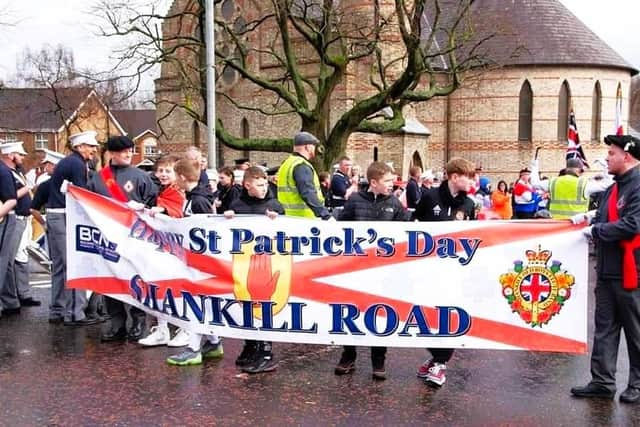 An image of a 2023 St Patrick's march on the Shankill Road, north-west Belfast