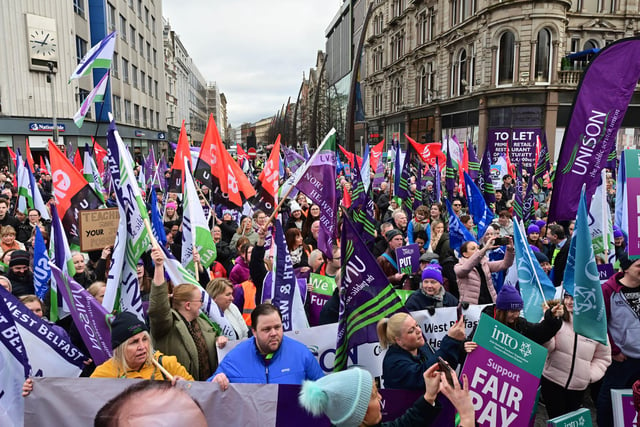 Thousands of workers in the education and health sectors in Northern Ireland take part in strike on Tuesday.