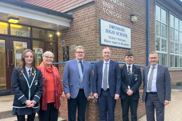 The DUP education minister announced he was lifting a pause on urgent school building projects on a visit to Dromore High School