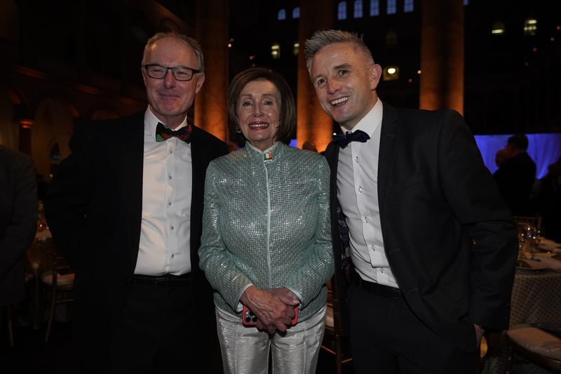 Former speaker of the United States House of Representatives, Nancy Patricia Pelosi with Tadg Murphy (left) Chief Technical Officer at Water Technology Limited and Kieran Ivers, CEO of Green Rebel Group, both from Cork, attend the Ireland Funds 32nd National Gala, at the National Building Museum in Washington, DC