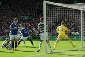 Alfredo Morelos scores a disallowed goal during the Cinch Scottish Premiership match between Celtic and Rangers.