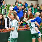 Northern Ireland players thank supporters at the final whistle of the UEFA Women's Nations League loss to Republic of Ireland in Dublin. (Photo by Andrew McCarroll/Pacemaker Press)