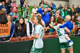Northern Ireland players thank supporters at the final whistle of the UEFA Women's Nations League loss to Republic of Ireland in Dublin. (Photo by Andrew McCarroll/Pacemaker Press)