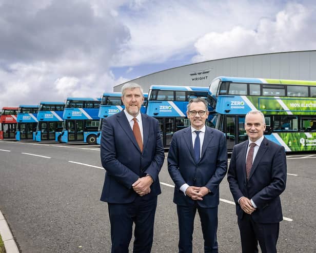 Pictured with the Infrastructure Minister John O’Dowd is Chris Chris Conway, CEO Translink and Jean-Marc Gales, Chief Executive of Wrightbus