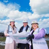 Joanna McArdle, director at Barclays Corporate Banking, Greg Bell, executive director of finance at Clanmil and Carol McTaggart, Clanmil Group chief executive, on site in Carrickfergus where Clanmil is developing 48 apartments for active older people