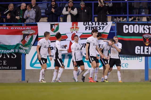 Glentoran's Dylan Connolly celebrates after scoring his side's third goal during their win over Glenavon at Mourneview Park. (Photo by Alan Weir/Pacemaker)