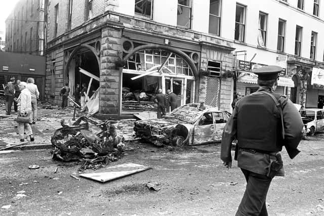 03 AUGUST 1992: MASSIVE DAMAGE TO BEDFORD STREET, BELFAST AFTER AN IRA CAR BOMB