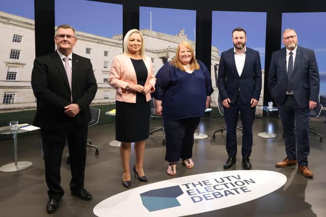 Press Eye - Belfast - Northern Ireland - Sunday 1st May 2022 - 

Sir Jeffrey Donaldson, Michelle Oâ€™Neill, Naomi Long, Colum Eastwood and Doug Beattie pictured with Marc Mallett at the UTV leaders debate at the Queenâ€™s Film Theatre in south Belfast this afternoon. 

Photo by Kelvin Boyes / Press Eye.