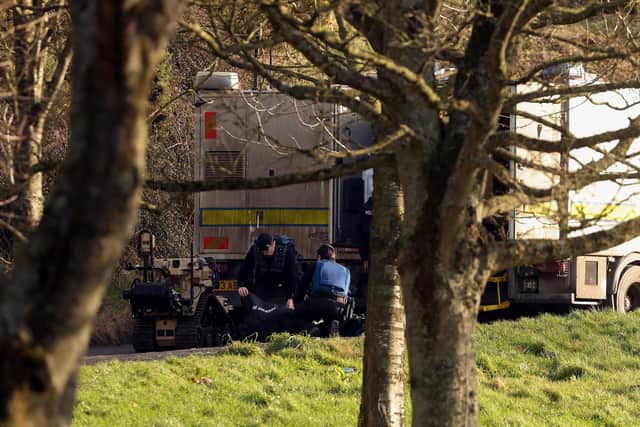 Bomb disposal officers at the scene of a suspicious object in the Windmill Avenue area of Ballynahinch