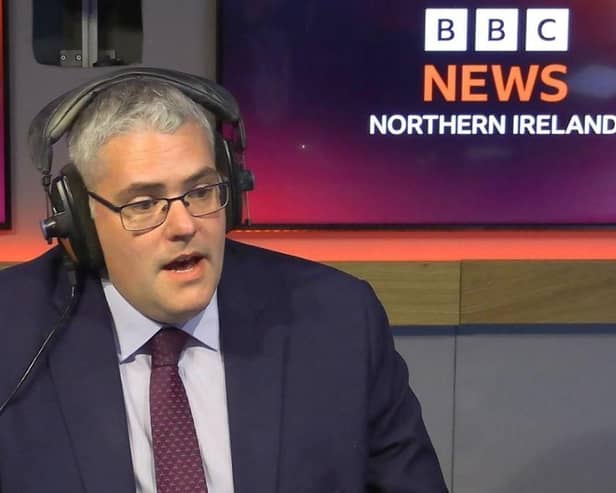 DUP leader Gavin Robinson has said the party's deal will remove the border in the Irish Sea for UK goods - and defended Sir Jeffrey Donaldson's claim that it was removed, saying it's what it will do, not what had happened at that point. Photo: BBC News NI