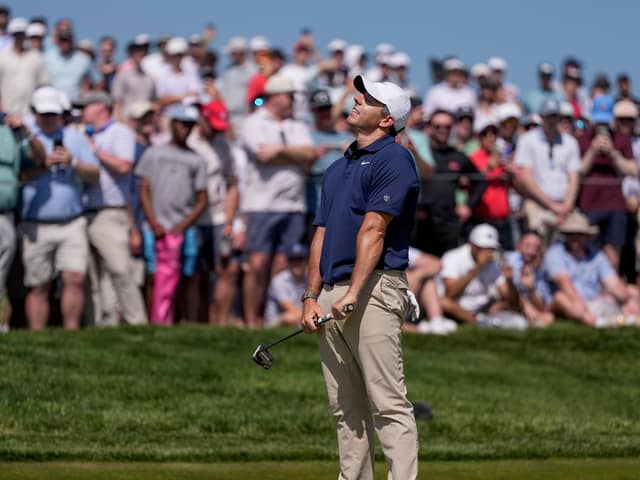 Northern Ireland's Rory McIlroy reacts to a missed putt on the seventh green during the final round of the US PGA Championship at Aronimink. (Photo by AP Photo/Matt Slocum)