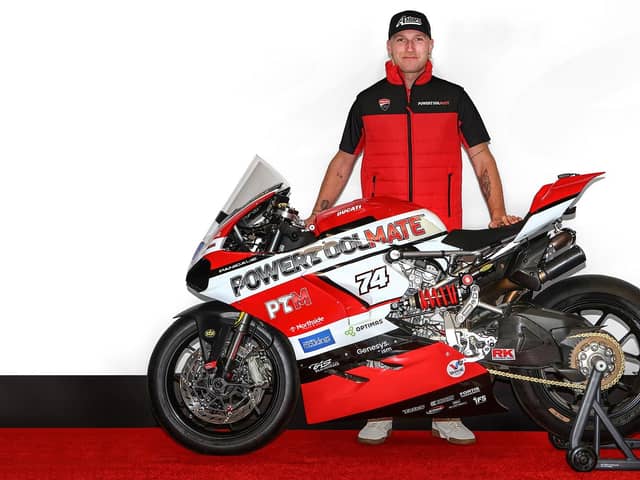 English rider Davey Todd with the Powertoolmate Ducati Panigale V2 Supersport machine he will race at the North West 200 and Isle of Man TT