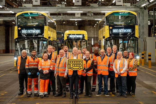 Ballymena’s Wrightbus is celebrating a major milestone after its 500th electric bus entered service in Greater Manchester, underlining the manufacturer’s contribution to the UK’s transition to cleaner public transport. Pictured is Vernon Everitt, Greater Manchester’s Transport Commissioner, with some of the team at the recently electrified Oldham depot