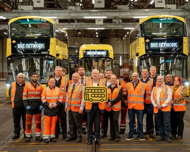 Ballymena’s Wrightbus is celebrating a major milestone after its 500th electric bus entered service in Greater Manchester, underlining the manufacturer’s contribution to the UK’s transition to cleaner public transport. Pictured is Vernon Everitt, Greater Manchester’s Transport Commissioner, with some of the team at the recently electrified Oldham depot