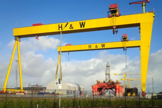 Harland and Wolff's two giant cranes im Belfast, Samson and Goliath. The company has been awarded a £1.6n contract to build three Royal Navy supply ships.