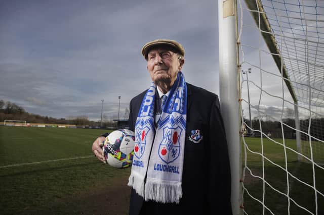 Centenarian Hilbert Willis at Lakeview Park home of Loughgall Football Club near Armagh. Photo: Liam McBurney/PA Wire