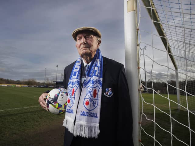 Centenarian Hilbert Willis at Lakeview Park home of Loughgall Football Club near Armagh. Photo: Liam McBurney/PA Wire