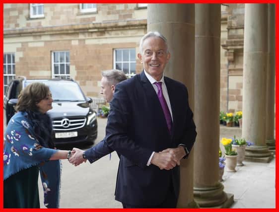 Tony Blair and Cherie Blair (left) arrive at a Gala dinner to recognise Mo Mowlam's contribution to the peace process and to mark the 25th anniversary of the Good Friday Agreement at Hillsborough Castle in Northern Ireland.