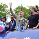 Ipswich Town manager Kieran McKenna, who was raised in Fermanagh, waving to the fans during Monday's open-top bus parade to celebrate promotion to the Premier League. (Photo by Gareth Fuller/PA Wire)