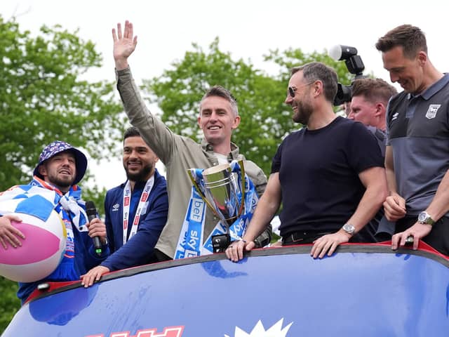 Ipswich Town manager Kieran McKenna, who was raised in Fermanagh, waving to the fans during Monday's open-top bus parade to celebrate promotion to the Premier League. (Photo by Gareth Fuller/PA Wire)