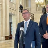 DUP leader Sir Jeffrey Donaldson (left) and East Belfast MP Gavin Robinson speak to media in the Great Hall at Parliament Buildings at Stormont in Belfast, after meeting Northern Ireland shadow secretary Hilary Benn at Parliament Buildings at Stormont for talks