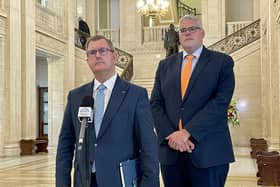 DUP leader Sir Jeffrey Donaldson (left) and East Belfast MP Gavin Robinson speak to media in the Great Hall at Parliament Buildings at Stormont in Belfast, after meeting Northern Ireland shadow secretary Hilary Benn at Parliament Buildings at Stormont for talks