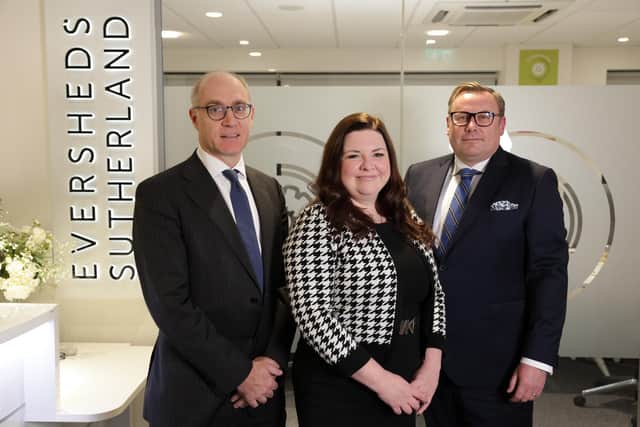 Eversheds Sutherland, has appointed Lisa Boyd as Partner in its procurement team in its Belfast office. Pictured are Peter Curran, head of procurement, Eversheds Sutherland, Lisa Boyd, procurement partner, Eversheds Sutherland and Alan Connell, managing partner, Eversheds Sutherland Northern Ireland