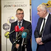 Garda commissioner Drew Harris (left), alongside PSNI chief constable Jon Boutcher, speaks during the 2024 Cross Border Police Conference on Organised and Serious Crime at the Farnham Estate, Cavan