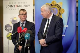 Garda commissioner Drew Harris (left), alongside PSNI chief constable Jon Boutcher, speaks during the 2024 Cross Border Police Conference on Organised and Serious Crime at the Farnham Estate, Cavan