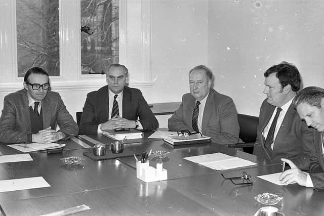 Mr Adam Butler, Minister in charge of agriculture, pictured at the end of January 1983 meeting the board of the Seed Potato Promotions (NI) Ltd in Belfast. With him are, from left, Harold Aves, SPP chairman, Alex Ballentine, chief executive, and directors Geoffrey Conn and Maurice Taylor. Picture: Farming Life/News Letter archives