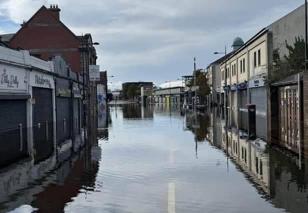 A scene from the flooded town centre of Downpatrick. Photo: Colin McGrath MLA.