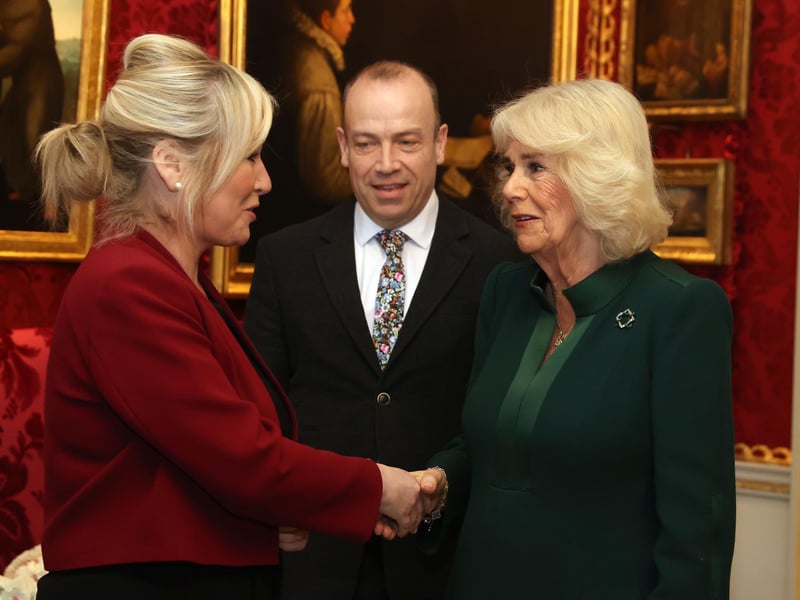 Queen Camilla (right) meets First Minister Michelle O'Neill