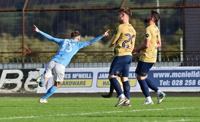 Ballymena’s Noah Stewart scores during today’s game at The Showgrounds in Ballymena