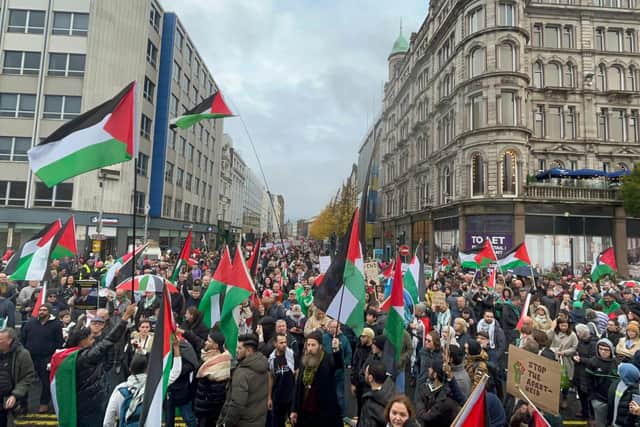 Protesters during a pro-Palestine rally in Belfast. Picture date: Saturday October 28, 2023. PA Photo. See PA story IRISH Palestine. Photo credit should read: Claudia Savage/PA Wire