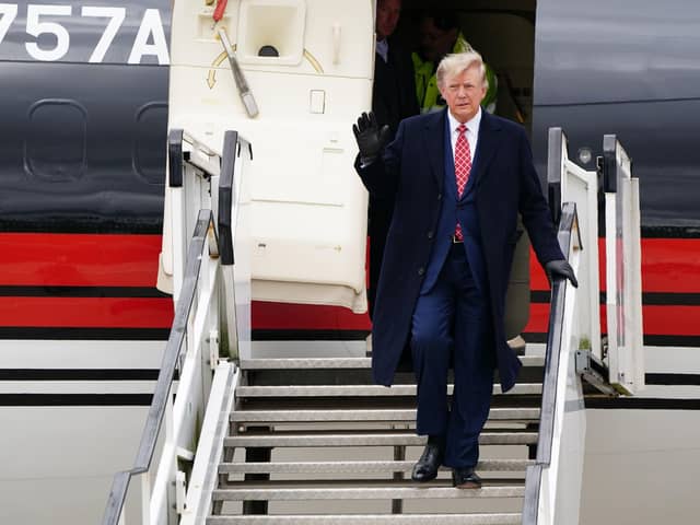 Former US president Donald Trump arrives in his private jet at Aberdeen International Airport ahead of his visit to the course at Trump International Golf Links Aberdeen.