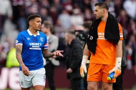 Rangers' James Tavernier (left) and goalkeeper Jack Butland after the Scottish Premiership loss to Hearts. (Photo by Andrew Milligan/PA Wire)