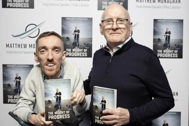 Author of The Weight of Progress Matthew Monaghan and Dad Oliver Monaghan at the launch of his book at The Lansdowne Hotel, Belfast