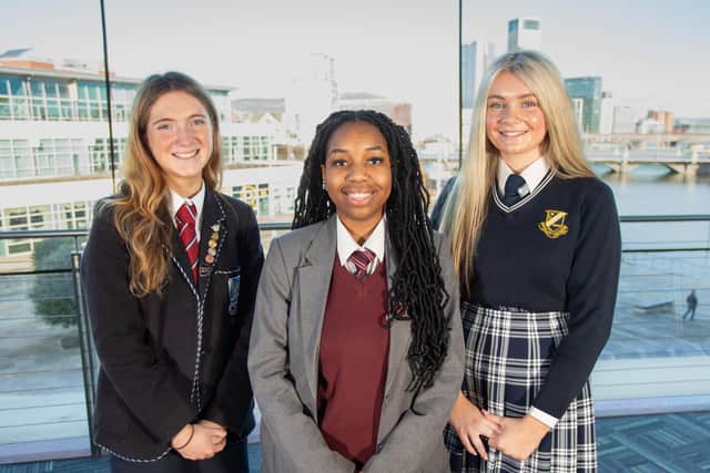 SistersIN, the all-female leadership programme dedicated to enabling, empowering, and developing young girls across Northern Ireland, has announced it has tripled in size in 2024. Almost 400 sixth form schoolgirls from 28 schools are participating in the programme this year. Pictured are SistersIN students Romy, Zara and Maka